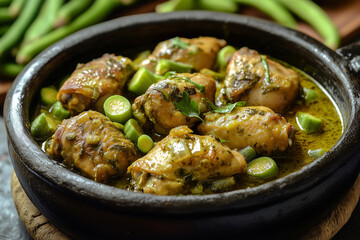 Traditional Brazilian Chicken with Okra Stew (Frango com Quiabo) in Black Clay Pot