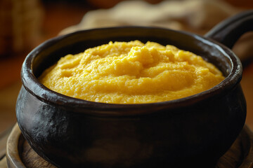 Traditional Brazilian Polenta (Angu) in Black Clay Pot