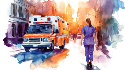 Orange watercolor of a nurse and ambulance rescue emergency patient