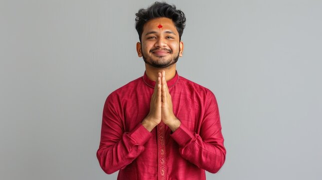 Indian Man in Red Kurta with Traditional Forehead Mark