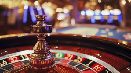 A close-up shot of the roulette wheel spinning in an elegant casino, with colorful numbers and chips scattered around it.