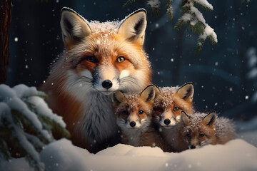 Fototapeta premium Image of family of fox amidst a blizzard in the forest. Mammals. Wildlife Animals. Ai.