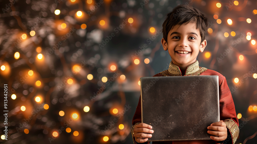 Poster Indian boy in sherwani, holding big silver rhombus-shaped board WITH festive look and lighting background,