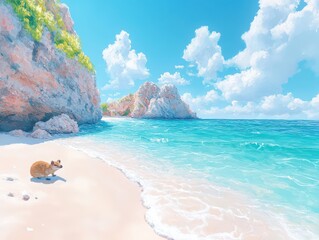 Captivating Coastal Scenery with Clear Blue Water, White Sandy Beach, Cliffside Rocks and Cute Dog on a Tranquil Sunny Day