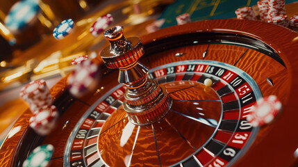 A close-up shot of the roulette wheel spinning in an elegant casino, with colorful numbers and chips scattered around it.