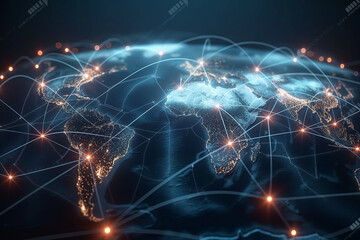 Global Data Network Connections on Blue Map, Photorealistic 3D Render, Abstract Technology Concept