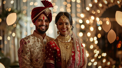 Indian couple in festive attire, celebrating festival with lighing
