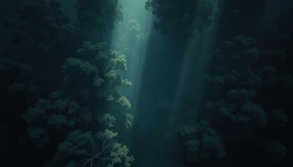 Obraz premium Sunlight Through Dark Forest Canopy.