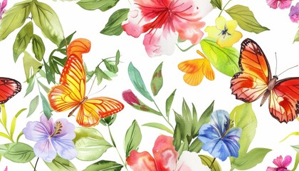 Tropical Butterflies and Flowers Watercolor Pattern on White Background