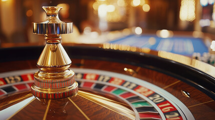 A close-up shot of the roulette wheel spinning in an elegant casino, with colorful numbers and chips scattered around it.