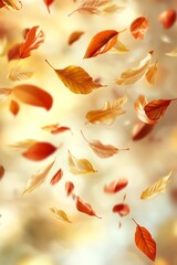 A beautiful display of autumn leaves falling softly against a warm, blurred background, capturing the essence of the season.
