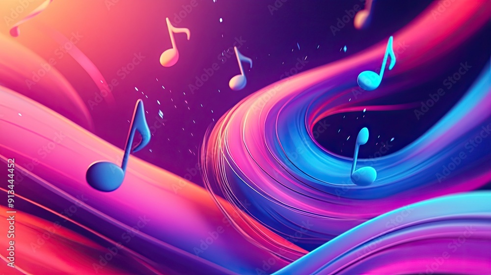 Poster a 3d music-themed background with intertwined sound waves and floating notes in a modern, vibrant de