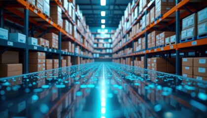 Fototapeta premium Futuristic Warehouse with Illuminated Floor.