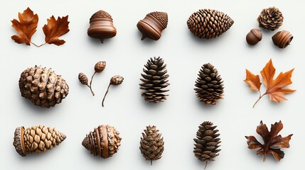 A collection of natural elements including pine cones, acorns, and autumn leaves arranged aesthetically on a light background.