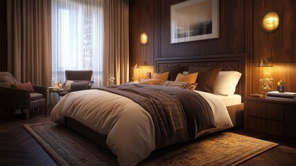 Cozy 3D bedroom with warm lighting, plush bedding, and modern decor elements, creating a comfortable atmosphere.