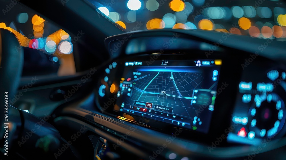 Poster a close-up shot of a car's dashboard at night, showing a gps navigation screen with a map, illuminat