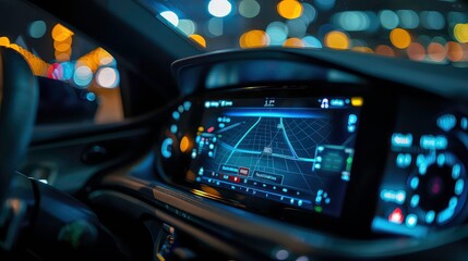A close-up shot of a car's dashboard at night, showing a GPS navigation screen with a map, illuminated by city lights.