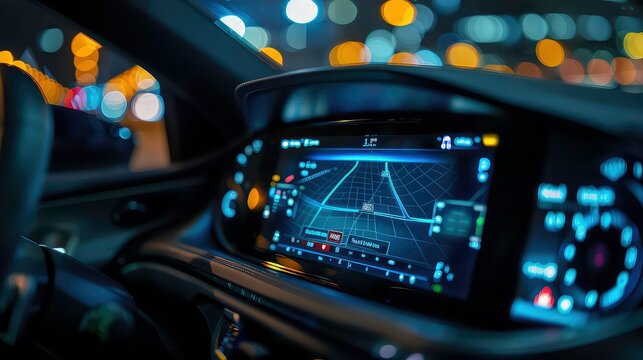 A close-up shot of a car's dashboard at night, showing a GPS navigation screen with a map, illuminated by city lights.
