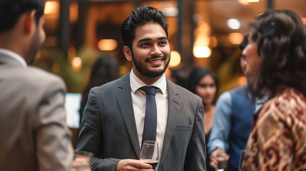 Indian man in a formal suit, attending a corporate event, confidently mingling with colleagues