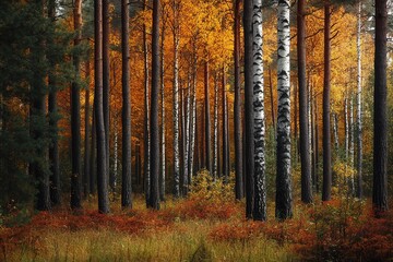 Fototapeta premium A serene autumn forest with vibrant orange and yellow leaves, creating a peaceful atmosphere among tall birch trees.