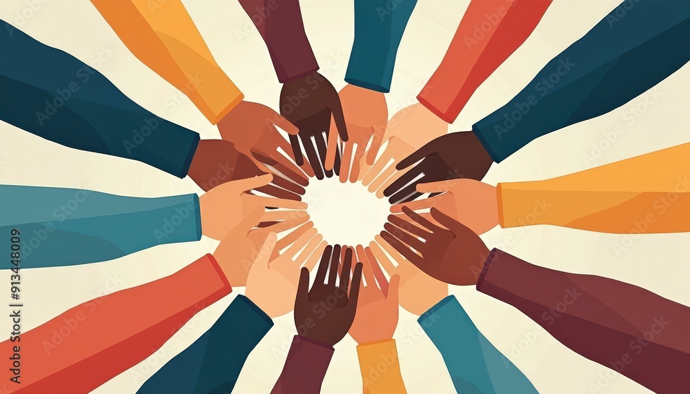 Aufkleber unity and diversity hands joining together in a circle.