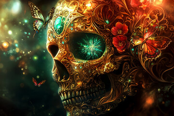 a skull with vibrant flowers blend realism with fantasy, combining elegance and macabre in beautiful harmony.