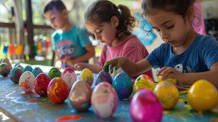 Fototapeta premium Kids are painting decorative eggs with vibrant colors during a fun arts and crafts session