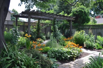 Naklejka premium Lush Garden Blooms Under a Sunny Sky With Decorative Pergola in Back Yard