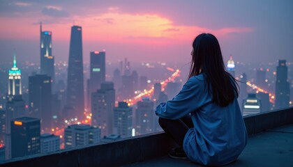 Woman Sitting on Rooftop Overlooking Cityscape at Dusk.