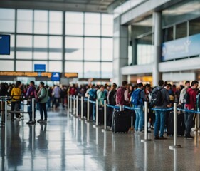 A long line of passengers waits at an airport gate, likely for a delayed or canceled flight due to overbooking