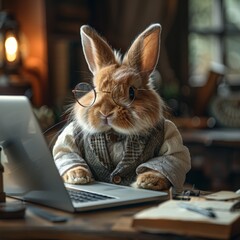 Fototapeta premium An Easter bunny in glasses works on a laptop at a table with a coffee cup. The warm lighting and bunny's focused expression create a cozy, charming atmosphere.