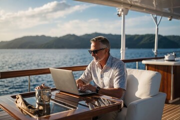  A mid-age male working on laptop computer on deck of a luxury yacht. Remote working concept