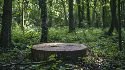 an empty wooden podium in forest for products display or advertisement background