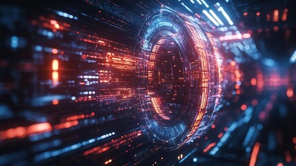 Obraz premium Abstract 3D Digital Tunnel with Glowing Lights - Red and Blue Neon