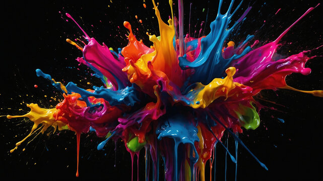 Neon Splashes: 3d render CGI of Messy Multicolored Paint Splatters - Abstract Digital Wallpaper and Screen Saver for Your Computer Display