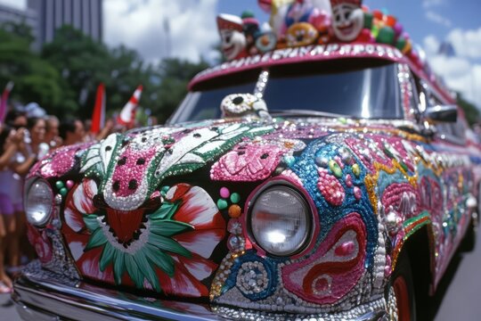 A colorful, intricately decorated vintage car adorned with vibrant art and playful elements, perfect for festive celebrations.