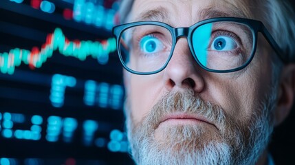 A surprised man with glasses gazing at fluctuating stock graphs, reflecting deep interest and concern in financial trends.