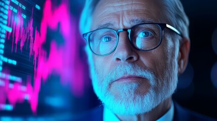 A thoughtful senior man analyzes stock market trends with digital graphs, reflecting a moment of contemplation in a financial setting.