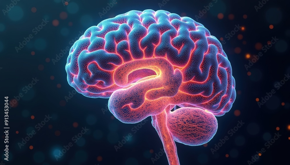 Poster human brain 3d rendering with bokeh background.