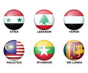 Set of 6 Asian Countries Realistic 3d flags in round shape icons. Asian flags are isolated on a white background. Vector illustration. Set 4
