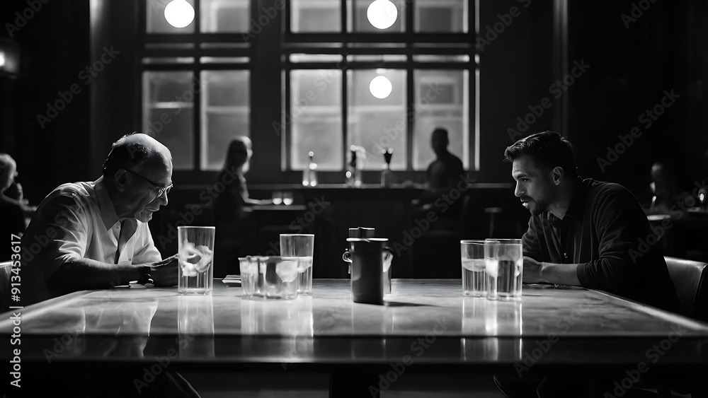 Wall mural black and white photograph depicting a lively social gathering in a dimly lit indoor setting.