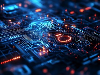 Fototapeta premium Abstract 3D Illustration of a Futuristic Circuit Board with Glowing Blue and Orange Lines