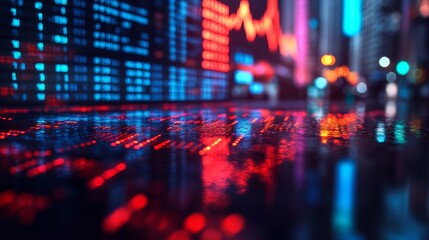 Close-up of Stock Market Data Displaying Glowing Red and Blue Numbers and Graphs, Reflected on a Glossy Surface in a Vibrant and Dynamic Style, Illustrating Financial Trends and Analysis