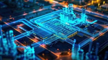 Security with AI smart surveillance at industrial factory and compound, blue highlighted Ai Security, AI generated for Ads