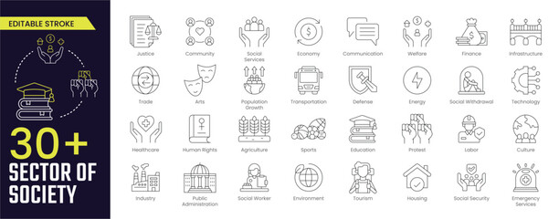Sector of Society Stroke icon collections. Containing agriculture, education, healthcare, energy, technology, transportation, arts, justice and more. Stroke icon collection Outline icon