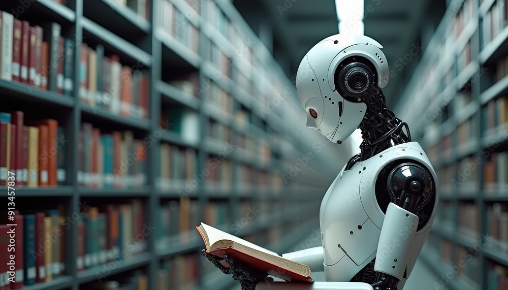Poster robot reading a book in a library.