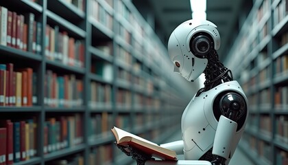 Fototapeta premium Robot Reading a Book in a Library.