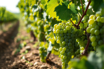 A serene shot of a bunch of low-hanging green grapes in a vineyard, surrounded by light green grapevine leaves and sunlit soil, embodying agricultural abundance