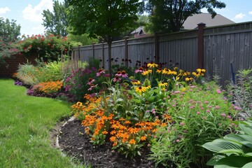 Obraz premium Vibrant Flower Garden in Full Bloom Along a Backyard Fence on a Sunny Day