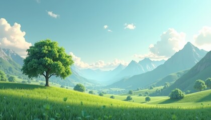 Tranquil Green Meadow with Single Tree and Mountain Range in Background.